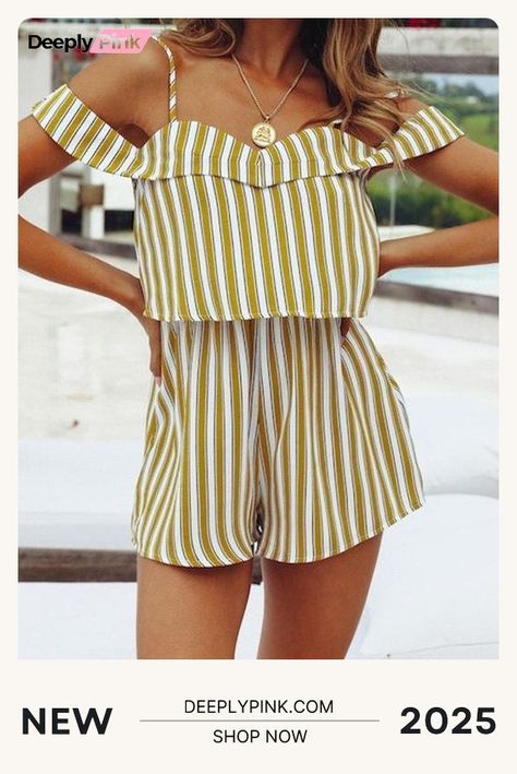 Summer Spaghetti Strap Stripe Short Jumpsuit Rompers Summer Vacay Outfits, Outfits Bikinis, Summer Spaghetti, Womens Outfits, Short Shirt, Summer Stripes, Striped Jumpsuit, Jumpsuit With Sleeves, Elastic Waist Shorts