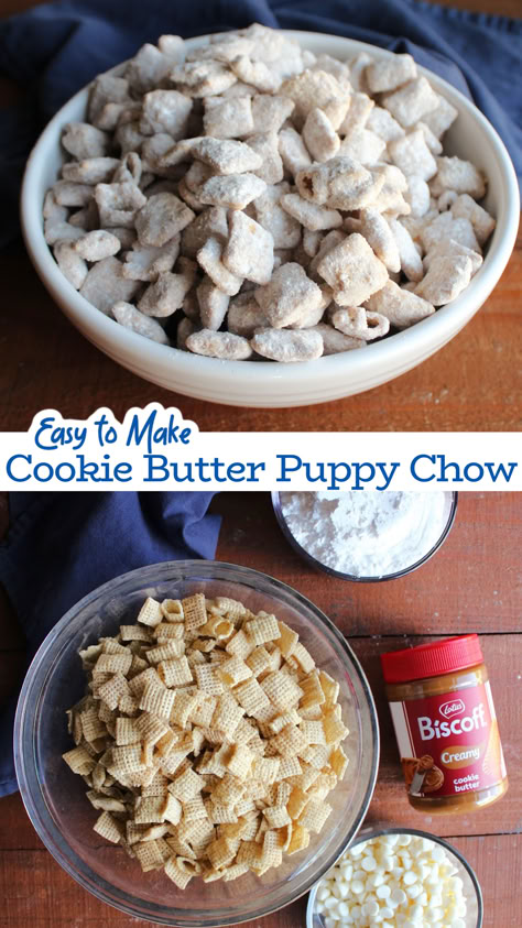 Cookie butter puppy chow is a fun twist on classic muddy buddies. It has the flavors of Biscoff cookies and vanilla on crunchy cereal. It is the perfect sweet snack. Biscoff Puppy Chow, Cookie Butter Puppy Chow, Nut Free Puppy Chow, Puppy Chow Variations, Puppy Chow Flavors, Easy No Bake Treats, Christmas Cookie Tins, Puppy Chow Chex Mix Recipe, Chex Mix Puppy Chow