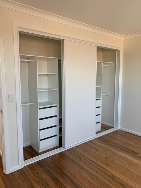 Sliding Door Waredrobe, Slide Robes Ideas Built In Wardrobe, Sliding Door Closet Organization, Sliding Door Closet Organization Ideas, Built In Wardrobe Ideas Sliding Doors, Built In Wardrobe Ideas Layout, Bedroom Wardrobe Ideas Sliding Doors, Built In Cupboards Bedroom, Sliding Door Wardrobe Designs