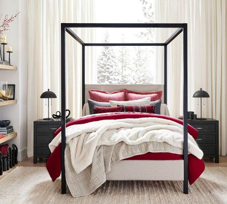 Caufield Metal Table Lamp | Pottery Barn Canada Holiday Bed, Metal Canopy Bed, Queen Size Headboard, King Size Headboard, Christmas Bedding, Adjustable Mattress, Metal Canopy, Upholstered Panels, Canopy Bed