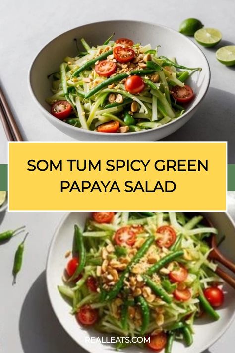 Spicy green papaya salad with cherry tomatoes and peanuts in a bowl. Papaya Seed Recipes, Som Tum, Green Papaya Salad, Papaya Seeds, Thai Salads, Measuring Ingredients, Green Papaya, Papaya Salad, Side Dishes Recipes