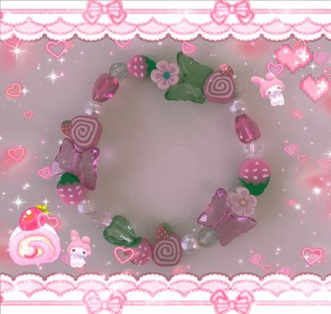 Cute Core Jewelry, Kawaii Bracelets, Cutecore Bracelet, Sanrio Kandi Bracelets, Candy Bracelet Ideas, Braclets Ideas Beaded Aesthetic, Bracelet Patterns Beads, Kawaii Bracelet, Pulseras Kandi