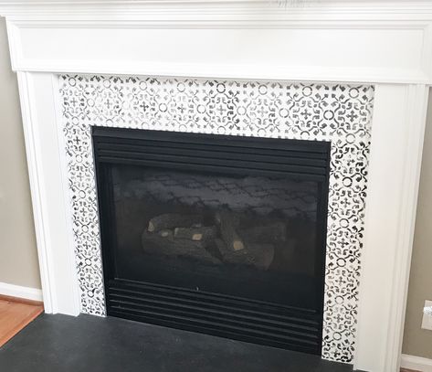 Fireplace Stencils, Stenciled Fireplace, Mantle Remodel, Bathtub Tile Surround, Best Decor Ideas, Rehab Addict, Fireplace Redo, Marble Fireplace Surround, New House Living Room