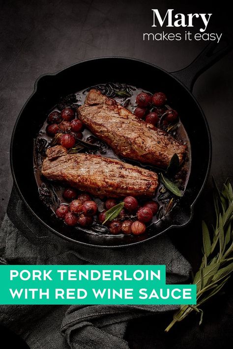 The red wine sauce makes this pork insanely tender and flavourful. Tenderloin With Red Wine Sauce, Pepper Bbq Sauce, Dr Pepper Bbq Sauce, Mary Makes It Easy, Canada Recipes, Easy Pork Tenderloin, Fried Meat, Red Wine Recipe, Pork Sauce