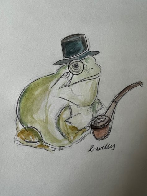 Green frog with top hat distinguished gentleman frog cartoon illustration frog smoking pipe Frog Gentleman, Watercolour Cottagecore, Frog In A Top Hat, Frog With Top Hat, Top Hat Drawing, Cottagecore Illustration, Frog Sketch, Frog Drawing, Frog Art