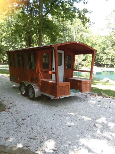 Wooly Wagons – Tiny House Swoon                                                                                                                                                                                 More Porch For Rv, Homemade Camper, Diy Camper Trailer, Tiny House Camper, Tiny House Swoon, Bo Ho, Tiny Trailers, Tiny Camper, Tiny House Trailer