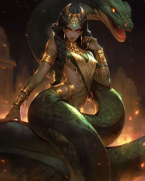 Snake Lady Character Design, Snake Demon Art, Dnd Lamia, Anime Snake Lady, Female Naga Art, Snake Woman Character Design, Yuanti Female, Snake Monster Art, Snake Girl Oc