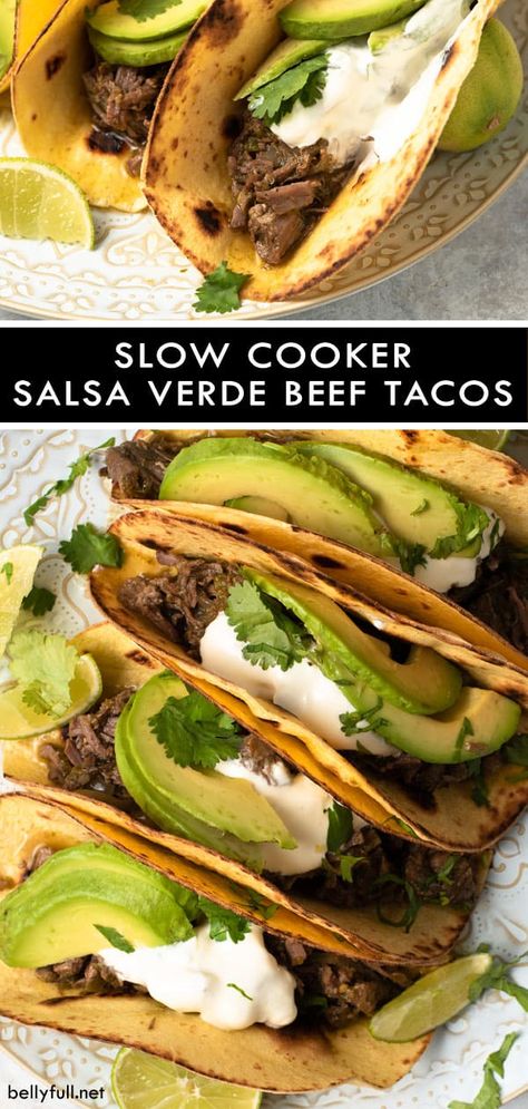 For these Slow Cooker Salsa Verde Beef Tacos, meat cooks all day in an awesome tomatillo salsa, then shredded, and topped with ripe avocado and tangy lime juice. So good! #slowcookerrecipes #crockpotrecipes #slowcookertacos #slowcookertacosbeef Tomatillo Recipes Beef, Salsa Verde Beef, Cooking Photoshoot, Texmex Recipes, Cooking Cartoon, Tomatillo Recipes, Cooking Vegetarian, Shredded Beef Tacos, Slow Cooker Salsa