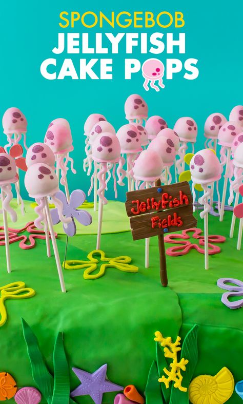 These jellyfish cakepops are the perfect addition to your kid's SpongeBob Squarepants themed birthday party! They are bite sized, an easy DIY recipe, but best of all they will make all party guests feel as if they are under the sea. Jellyfish Cake, Spongebob Squarepants Party, Spongebob Jellyfish, Spongebob Birthday Party Decorations, Spongebob Birthday Cake, Bob Sponge, Cake Pops Recipe, Spongebob Cake, Spongebob Birthday Party