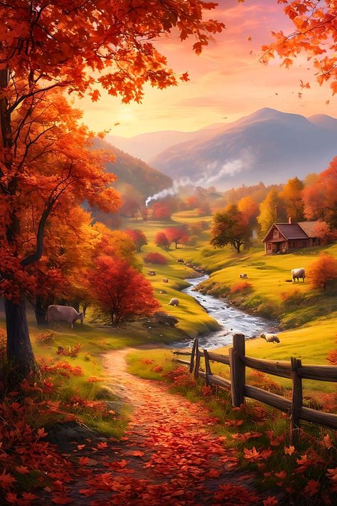 On se réveille avec la rosée et les feuilles dorées, et on finit la journée avec un coucher de soleil avec notre tableau peinture paysage nature ! 🍂 Tableau peinture paysage nature PARADIS D'AUTOMNE signé Le Petit Fermier Création originale par nos soins Toile 100 % coton Impression haut de gamme Couleurs magnifiques Diverses tailles possibles Toile très résistante Facile à nettoyer Sans cadre Pour toutes les pièces LIVRAISON OFFERTE 🚜 Un chemin bordé de feuilles rouges et dorées serpente vers une cabane pittoresque, tandis qu'une rivière scintillante traverse des prairies paisibles où les vaches se prélassent sous un ciel d'automne éclatant Découvrez nos tableaux de campagne, vous allez en vache-ment rêver Si vous cherchez à ajouter une touche de nature à votre intérieur, nos peintures Autumn Scenery Landscape, Autumn Landscape Painting, Kingfisher Bird, Autumn Magic, Macro Shots, Autumn Scenery, Tea Garden, Sunflower Fields, Wild Nature