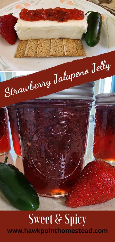 This sweet and spicy strawberry jalapeno jelly recipe is an easy recipe and results in such a delightful and delicious jelly. The strawberry jalapeno jelly is so wonderful to serve at any get-together. Pair it with cream cheese and crackers and no one can resist! It can also be used as a delicious glaze on different meats, such as chicken and pork chops. Homemade jelly is such a great gift, especially this yummy pepper fruity jelly that can be used in so many delicious ways! Jalapenos Jelly Recipe, Strawberry Pepper Jam, Jalapeno Strawberry Jam Recipe, Jalapeno Jelly Recipe Canning, Strawberry Pepper Jelly Recipe, Strawberry Jalapeno Jelly, Strawberry Jalapeno Jelly Recipe, Strawberry Pepper Jelly, Strawberry Jalapeno Jam Recipe