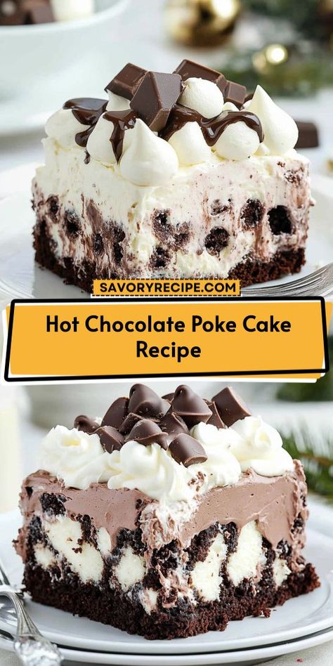 Celebrate the season with a decadent Hot Chocolate Poke Cake Recipe! This easy-to-follow dessert is a must-have for your Christmas Desserts table. Moist chocolate goodness is elevated by creamy layers of hot cocoa and marshmallows, making it a festive favorite that everyone will love at your holiday parties! Christmas Poke Cake, Cake Marshmallow, Easy Hot Chocolate, Marshmallow Filling, Poke Cake Recipe, Christmas Dessert Table, Savory Recipe, Chocolate Poke Cake, Cocoa Cake