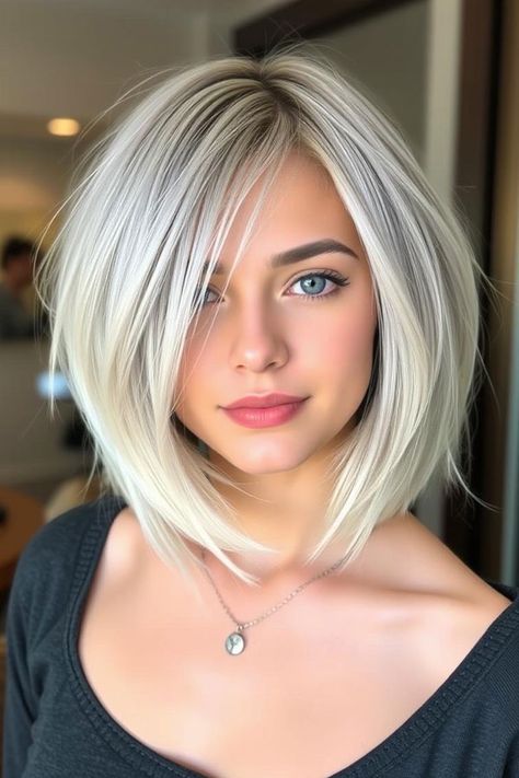 Textured Lob with Soft Layers, Icy Platinum Long Bob Hairstyle Bob Hairstyles Textured, Angled Bob Haircuts Medium, Shoulder Length Bob With Layers, Platinum Lob, Icy Platinum Blonde Hair, Long Bob With Layers, Blonde Layered Bob, Platinum Blonde Bob, Long Bob Hairstyle