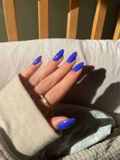 Royal Blue Acrylic Nails Short Almond, Almond Royal Blue Nails, Solid Blue Nails, Cobalt Blue Almond Nails, Almond Nails Solid Color, Royal Blue Almond Nails, Almond Nails Electric Blue, Electric Blue Manicure, Long Round Nails