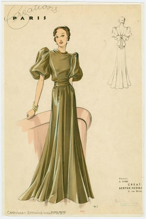 Vintage Fashion Sketches, 1930 Fashion, Gown Fashion, Fashion Illustration Vintage, 30s Fashion, 20th Century Fashion, Vintage Dress Patterns, Fashion Mask, Paris Paris