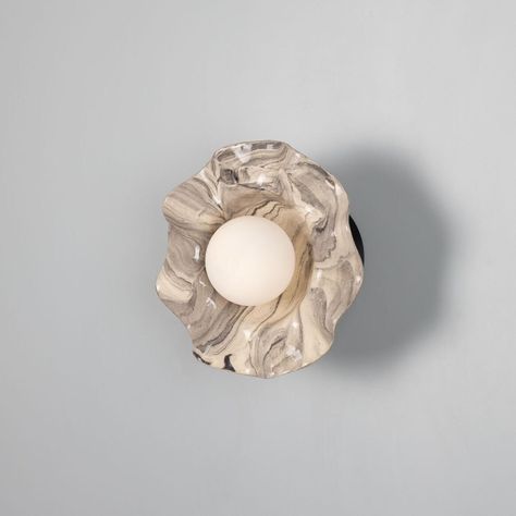 Rivale Wall Sconce with Wavy Marbled Ceramic Shade | Mullan Lighting Mullan Lighting, Ceramic Wall Lights, Organic Ceramics, Blue Earth, Black Clay, Ceramic Studio, Inspired Living, Grey Tones, Satin Brass