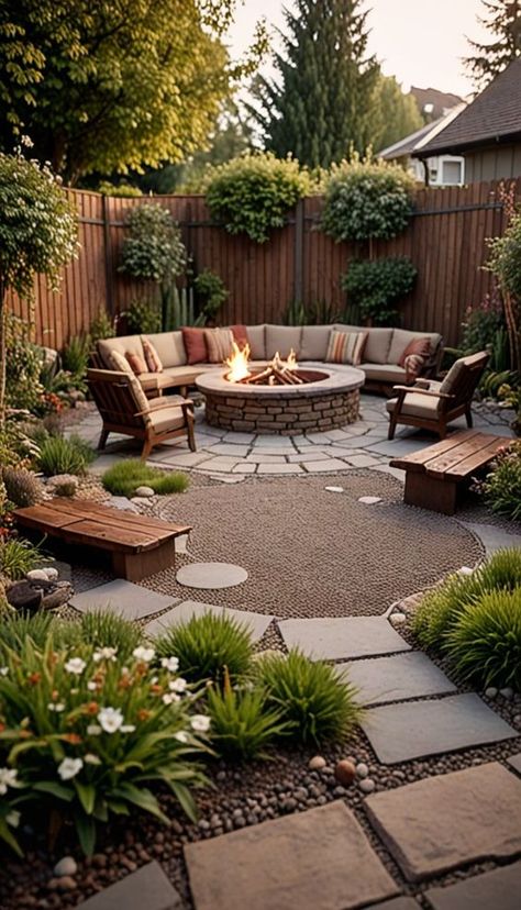 Create a warm and inviting backyard oasis with this stunning fire pit setup. Perfect for relaxing evenings or lively gatherings, the circular seating arrangement around the fire pit provides a cozy space to enjoy with friends and family. Add a touch of greenery with carefully placed plants and shrubs to enhance the ambiance. Discover how to transform your outdoor space into the ultimate retreat. #FirePit #BackyardOasis #OutdoorLiving Outdoor Seating Fire Pit, Outdoor Firepits Areas, Corner Fire Pit Backyard, Backyard Fire Pit Landscaping, Medium Backyard Ideas, Fire Pit Ideas Backyard Seating, Cozy Landscaping, Small Fire Pit Area, Garden Fire Pit Ideas