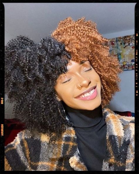 Color Afro Hair, Half Hair Color, Half And Half Hair Color, Color Afro, Half And Half Hair, Colored Curly Hair, Half And Half, Afro Hair, Copper Hair