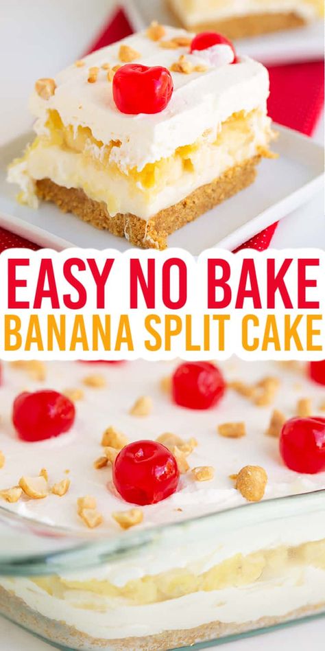 No Bake Banana Split Cake - This Banana Split Cake is a no bake dessert with a graham cracker crust, followed by a layer of sweetened cream cheese, sliced bananas, crushed pineapple, whipped cream, and finally delicious maraschino cherries on top. It's an over-the-top layered dessert that will put a smile on any banana split lover's face. #cookiedoughandovenmitt #nobake #dessertrecipes Pineapple Whipped Cream, No Bake Banana Split Cake, Banana Split Cake Recipe, Banana Split Dessert Recipes, Banana Split Pie, Banana Split Cake, Split Cake, Banana Split Dessert, Pineapple Dessert Recipes