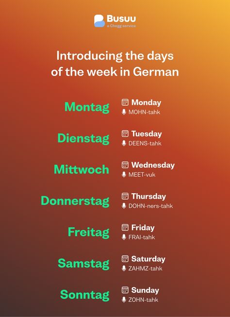 Method for Remembering the German Days of the Week - Busuu German Days Of The Week, German To English, Norse Names, Pronunciation English, English Day, Unit Of Time, German Translation, Grammar Tips, Translation Services