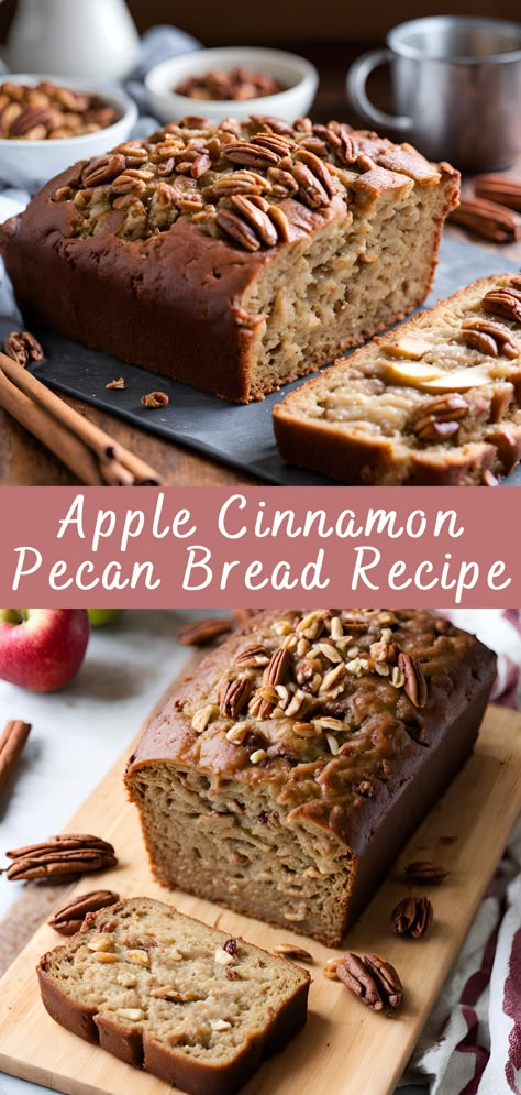 Apple Cinnamon Pecan Bread is a delightful and comforting treat that combines the sweet and tart flavors of apples with the warm spices of cinnamon and the rich crunch of pecans. This recipe yields a moist, flavorful loaf that's perfect for breakfast, brunch, or as a snack any time of the day. Apple Bread Loaf Recipe, Apple Pecan Bread Recipe, Artisan Apple Bread, Apple Date Bread, Apple Cinnamon Pecan Bread Recipe, Cinnamon Pecan Bread, Apple Cinnamon Pecan Bread, Banaba Bread, Cinnamon Pecan Bread Recipe