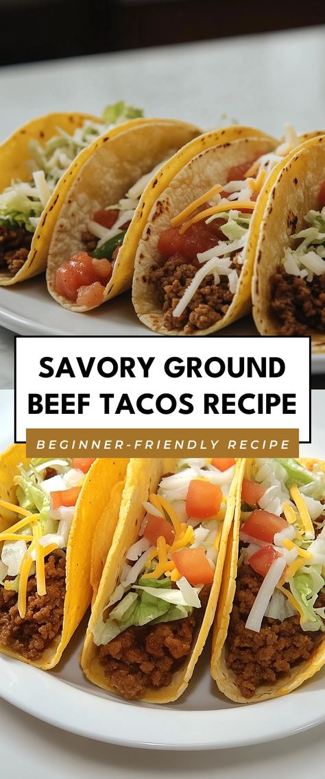 Image for Savory Ground Beef Tacos Recipe Healthy Taco Recipes Beef, Hamburger Meat Taco Recipes, Easy Ground Beef Taco Recipes, Easy Ground Beef Tacos, Crispy Ground Beef Tacos, Ground Beef Taco Meat Recipes, Ground Beef Tacos Recipes, Taco Beef Recipe, Taco Recipes For Dinner