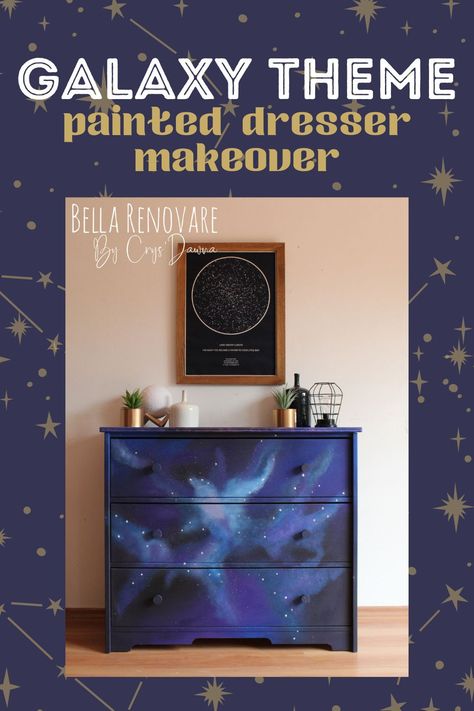 Space Bathroom Theme, Space Dresser Kids Rooms, Space Themed Dresser, Galaxy Dresser, Galaxy Bathroom, Galaxy Painted Dresser, Diy Outer, Diy Furniture Painting, Galaxy Bedroom