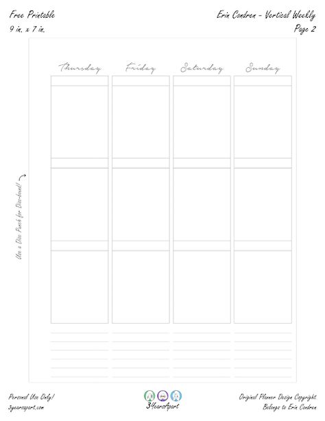 Free Planner Printable - Vertical Weekly Inserts - Ring/Discbound Printable | 3 Years Apart Vertical Weekly Planner Printable, Planner Organization Ideas Layout Free Printables, Free Printable A5 Planner Inserts, Happy Planner Printables Free, Organization Things, Printable Calendar Design, Disc Planner, Happy Planner Free Printable, Simple Weekly Planner