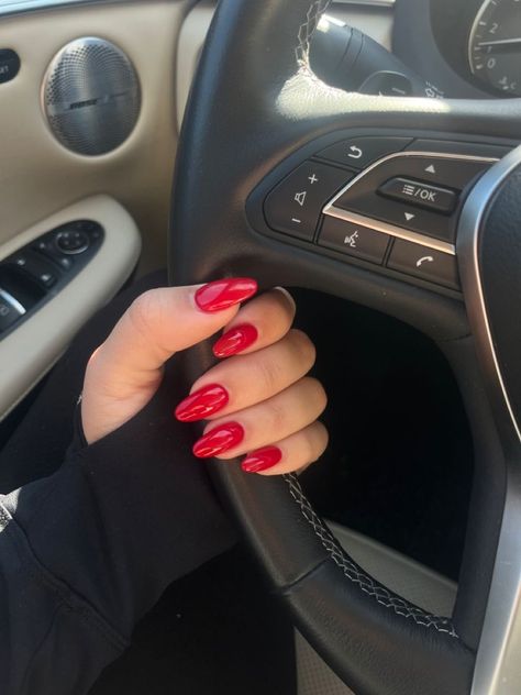 Round Red Nails Acrylic, Outfits With Red Nails, Full Red Nails, Red Acyrilics Nails, Red Round Acrylic Nails, Medium Length Red Nails, Round Red Nails, Red Nails Oval, Oval Red Nails