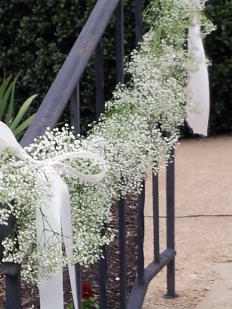 A garland made with fresh babies breath was so welcoming at this church wedding. Knoxville wedding, Knoxville florist, Always in Bloom Rail Decorations Wedding, Wedding Staircase Decoration, Wedding Stairs, Wedding Staircase, Wedding Arch Ideas, Gypsophila Wedding, Arch Ideas, Church Wedding Decorations, Babies Breath