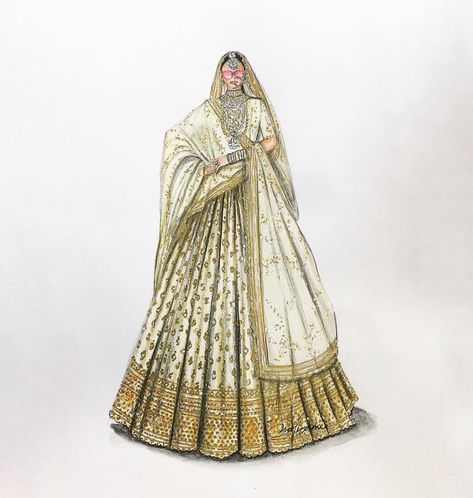 Lehenga Illustration Sketch, Lehenga Illustration, Bride Fashion Illustration, Sketches Fashion, Sabyasachi Mukherjee, Fashion Model Sketch, Fashion Illustration Tutorial, Fashion Illustration Collage, Fashion Design Books