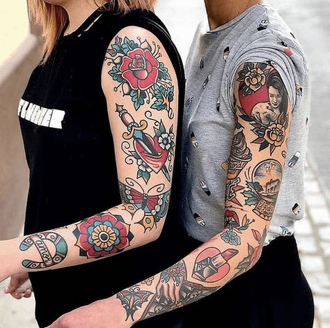 50+ Bright & Trendy American Traditional Tattoos to Be Inspired Vintage Tattoo Sleeve, American Style Tattoo, American Traditional Sleeve, Tattoos Dainty, Tato Tradisional, Wrap Tattoo, Girls With Sleeve Tattoos, Traditional Sleeve, Tattoos Meaning