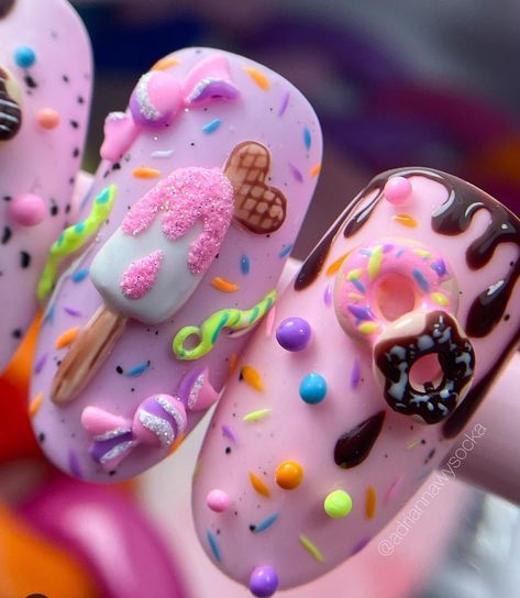 Doughnut Nail Art, Candyland Nails, Sweets Nails, Birthday Cake Nails, 4d Nail Art, Dessert Nails, Cupcake Nail Art, Cake Nails, Donut Nails