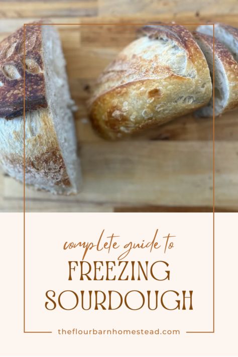 This is a complete guide on how to freeze and thaw sourdough bread. Learn to freeze sourdough slices, whole sourdough loaves and even sourdough starter. Freezing sourdough is easier than you think. We will also discuss how we defrost our sourdough bread. Methods include slicing your sourdough bread to freeze and freezing your bread as a whole sourdough loaf. Wild yeast can withstand freezing tempertures making sourdough starter an easier item to freeze. How To Freeze Sourdough Bread, Freezing Sourdough Bread, Freeze Sourdough Bread, Freeze Sourdough Starter, Baking Sourdough, Sourdough Rolls, Sourdough Loaf, How To Store Bread, Homemade Sourdough Bread