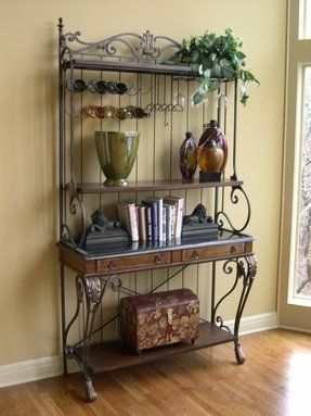 Metal And Wood Bakers Rack - Ideas on Foter Baker's Rack Ideas, Bakers Rack Coffee Bar, Rack Decor Ideas, Metal Bakers Rack, Bakers Rack Ideas, Bakers Rack Decorating, Bakers Rack Kitchen, Home Decor Ideas Traditional, Bakers Racks