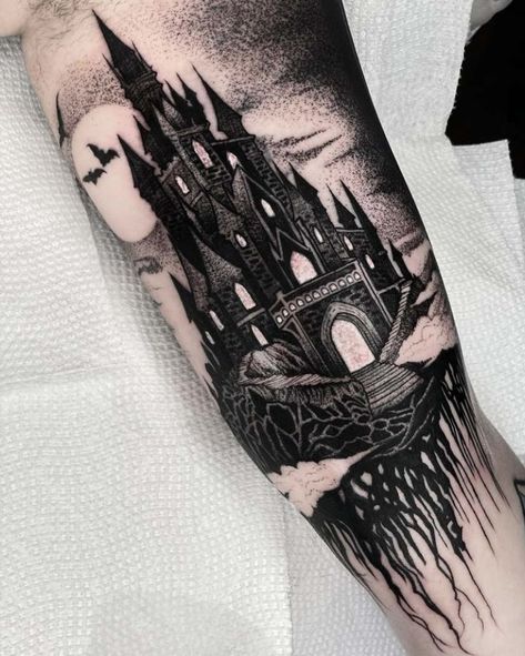 Gothic Black And Grey Tattoos, Gothic Mansion Tattoo, Graveyard Scene Tattoo, Floating Castle Tattoo, Weeping Angel Tattoo Doctor Who, Vampire Castle Tattoo, Medieval Castle Tattoo, Haunted Castle Tattoo, Transylvania Tattoo