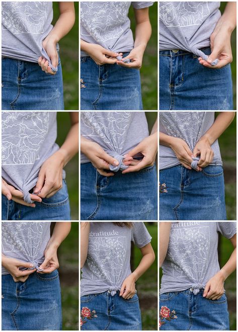 How to tie a t-shirt, two easy ways! | Inherit Co. How To Tie A Not In A Shirt, Tshirt Tying Hack, Tie A Loose Shirt, How To Tie Front Knot On Tshirt, How To Wear T Shirt In Different Ways, T Shirt Tying, Knot A Tee Shirt How To, How To Tie A Front Knot Shirt, How To Tie Up A Shirt In A Knot