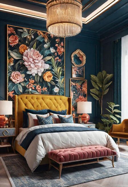 How to Decorate a Primary Bedroom Sumptuous Bedroom Ideas, Art Decor Bedroom Interior Design, Bright Small Bedroom, Colorful Luxury Bedroom, Jeweled Tone Bedroom, Yellow Maximalist Bedroom, Feminine Navy Bedroom, Feminine Primary Bedroom, How To Decorate With Color