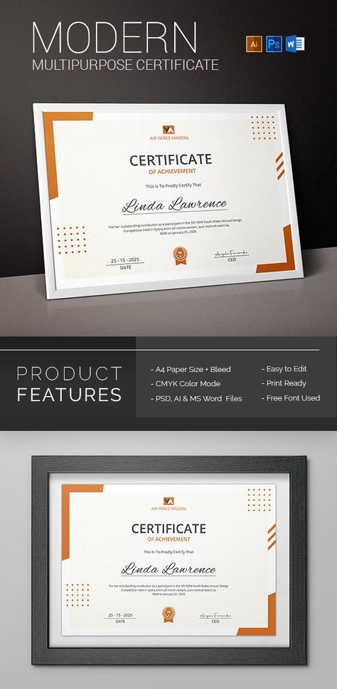 Modern and Corporate Certificate Template. Use this Certificate Template in your business, company or institution in completion of any course, training ,degree or job. Also you can use this Multipurpose Certificate Template as award giving certificate, certificate of excellence, certificate of appreciation, certificate of achievement, certificate of recognition or related purpose. Awards Certificates Design, Certificate Of Recognition Template, Certificate Of Recognition, Certificate Layout, Agenda Design, Achievement Certificate, Appreciation Certificate, Certificate Of Excellence, Course Completion Certificate