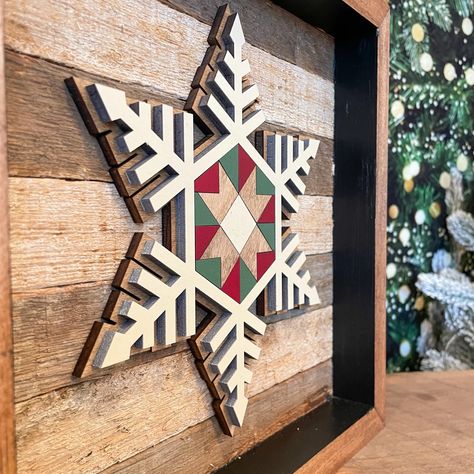 Inspired by our Pennsylvania culture, our barn quilt Snowflakes are a unique way to cozy up any Christmas decor collection! Also available as stand alone pieces and as a Christmas Tree Style. 10x10" in size. Three dimensional snowflake is mounted on true Farm house lath dating back to the mid-1800s from Hanover, Pennsy Snowflake Barn Quilt, Barn Quilt Patterns Diy, Barn Quilts Designs, Christmas Barn Quilts, Barn Quilts Patterns, Quilt Snowflake, Wood Quilt Wall Art, Wood Barn Quilt, Wooden Quilt