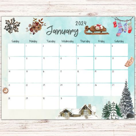 January Calendar Ideas, January 2024 Calendar, January Planner, Snowy House, Fillable Calendar, 2024 Calendar Printable, Calendar January, Monthly Schedule, Secret Sister