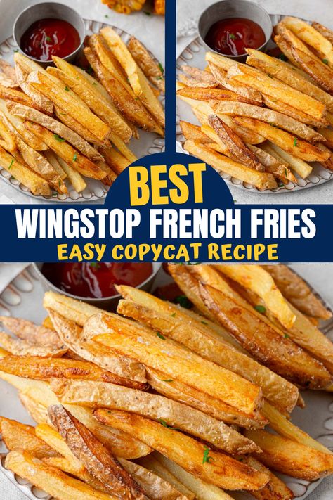 A three way split picture of Wingstop french fries on a plate. Wingstop Seasoned Fries Recipe, Make Your Own French Fries, Best French Fries Recipe, Wingstop Fries Seasoning Recipe, Copycat Wingstop Fries, Homage French Fries, Wingstop Tenders Recipe, How To Make French Fries At Home, Blackstone French Fries