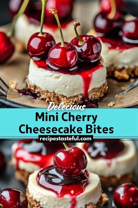 Delightful bite-sized desserts featuring a creamy cheesecake filling atop a buttery graham cracker crust, topped with sweet cherries and cherry syrup. Perfect for parties or a quick indulgence! Cheesecake With Cherries, Cheesecake Bites Recipes Easy, Cherry Cheesecake Cups, Cherry Cheescake, Cherry Cheesecake Bites, Mini Cherry Cheesecakes, Oreo Cheesecake Bites, Cherry Cheesecake Recipe, Mini Cheesecake Bites