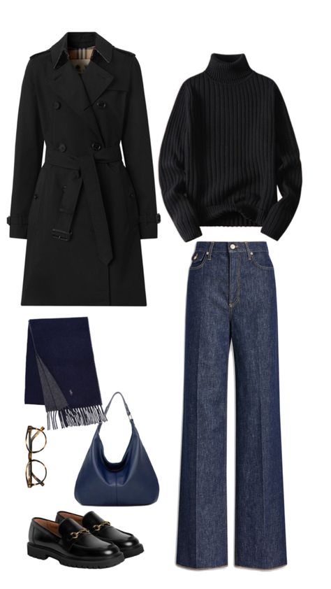 stockholm style, clean girl, navy blue outfit, black turtleneck, coat, jeans. outfit for school, university. fall outfit, autumn winter Coat Jeans Outfit, Blue Coat Outfit Winter, Navy Jeans Outfit, Navy Blue Coat Outfit, Jeans Outfit For School, Turtleneck Outfit Winter, Blue Jeans Outfit Winter, Blue Coat Outfit, Dark Blue Jeans Outfit