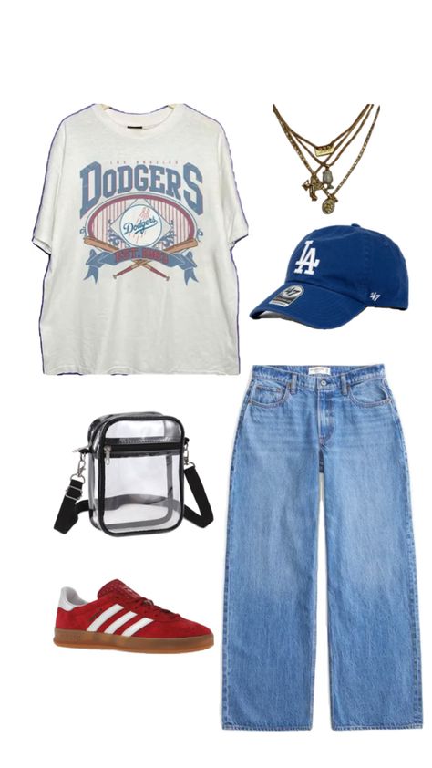 Dodger game outfit inspo #dodgersgame #gameday #dodgertshirt #dodgeroutfit #baseballoutfit #adidassambas #comfyandchic #dodgersinpso Dodger Game Outfit, Dodger Outfit, Dodgers Outfit, Dodger Game, Game Outfit, Cute Everyday Outfits, Cute Fits, School Outfits, Fitness Inspo