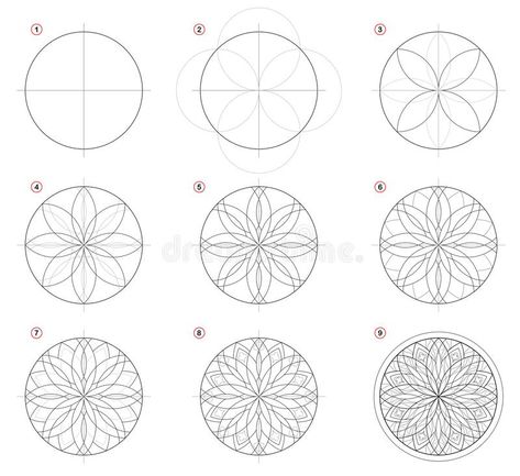 Creation step by step pencil drawing. Page shows how learn to draw Gothic stained glass window with rose. Print for artists school textbook. Developing skills stock illustration How To Draw Sacred Geometry, Catholic Church Stained Glass, Geometric Patterns Drawing, Symbol Drawing, Sacred Geometry Patterns, Window Drawing, Geometric Rose, Rose Window, Mandala Art Therapy