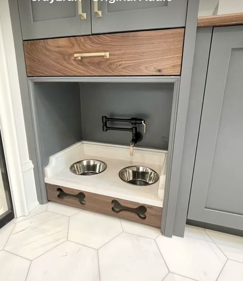 Built In Dog Station, Dog Feeding Station With Pot Filler, Dog Dish In Cabinet, Kitchen Island With Dog Bowls Built Ins, Dog Bowl In Kitchen Island, Dog Food Built In Cabinet, Dog Bowl Built In Kitchen, Pet Station In Laundry Room, Dog Bowl Cabinet Built Ins