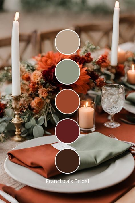 Tuscan Wedding Colors, Blue Green Orange Color Palette Wedding, Sage Orange Wedding, Burnt Orange Wedding Theme Color Combos, Sage Green Burnt Orange Wedding, Sage And Burnt Orange Wedding, Burnt Orange Colour Palette, Spring Wedding Colors 2024, Sage Green And Orange Wedding