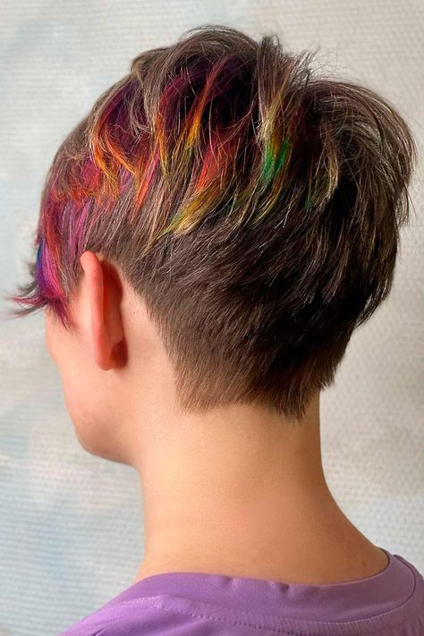 Short Hair Color Ideas For Creative and Trendy Ladies ★ Short Hair with Rainbow Blocks Fun Color For Short Hair, Rainbow Highlights Short Hair, Rainbow Hair Color Short Pixie, Tip Hair Dye Ideas, Short Hair Rainbow Color, Color Placement Techniques Short Hair, Fun Hair Color Ideas For Short Hair, Color Blocking Short Hair, Hair Colour For Short Hair