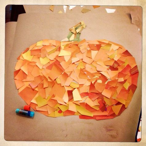 Pumpkin Mosaic Using Paint Samples Biggest Pumpkin, Paper Mosaic, Class Pictures, Pumpkin Art, Creative Labs, Paint Samples, Camping Art, Tiny Humans, Process Art